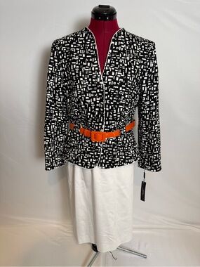 NWT Tahari ASL Skirt Suit Size 8 Black & White 2-Piece Set Blazer & Skirt Belted